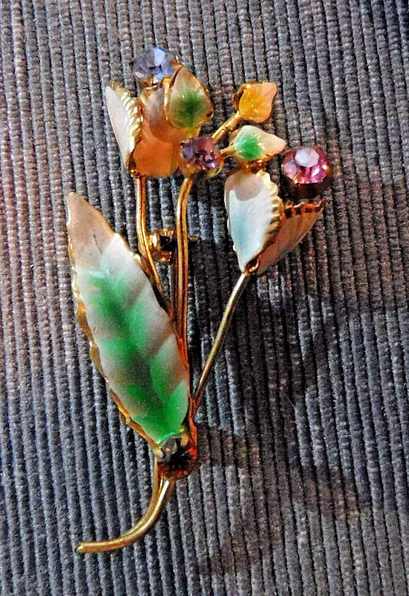 Primary image for VINTAGE Made Austria Delicate Tulip Flower Enameled Gold Tone Rhinestones Brooch