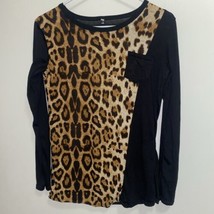 Women’s Long Sleeve Shirt S Small Bust 34” Black &amp; Leopard Print - £4.48 GBP