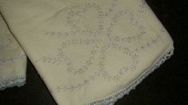 2 Vintage Embroidered Pillowcases White Blue Hearts Crochet Edges Flowers - £11.70 GBP