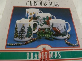 4 Stoneware Christmas Coffee Mugs Holiday Traditions Stoneware  Vitromaster - $24.74