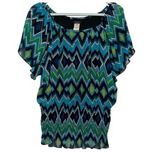 Cocomo Women&#39;s Blue Green Short Sleeve Sheer Blouse Elastic Waist Size M - $19.20 CAD