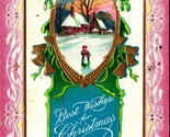 Best Wishes for Christmas Embosssed Gilt Winter Scene Holly Border 1911 ... - $6.88