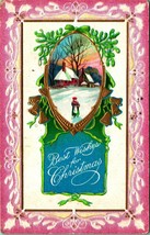 Best Wishes for Christmas Embosssed Gilt Winter Scene Holly Border 1911 Postcard - £5.38 GBP