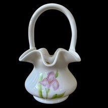 Vintage Fenton Hand Painted and Signed White Handled Basket. W/ Sticker - £69.98 GBP