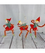 Vintage Pixie Elves Set of 3 Felt &amp; Red Pipe Cleaner Wire w Cotton Spun ... - £23.01 GBP