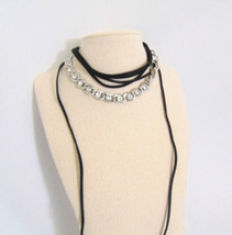 Silver Tone Simulated Diamond Faux Black Suede Choker Necklace E719 - $10.55