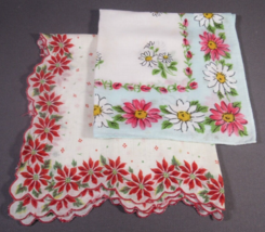 Vintage Hankies Christmas Poinsettias Border &amp; Pink Daisies Cotton 13&quot; &amp; 11.5&quot; - £8.63 GBP