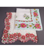 Vintage Hankies Christmas Poinsettias Border &amp; Pink Daisies Cotton 13&quot; &amp;... - £8.47 GBP
