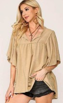 New GIGIO M Flowy Beige Frayed Washed Loose Fit Tunic Top Tassel Trim - $22.77