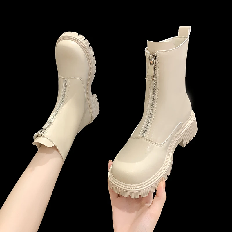 Front zipper chunky platform women s boots solid black beige boots women round toe high thumb200