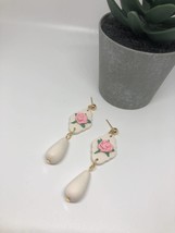 White teardrop clay bead and white diamond with light pink rose detail dangle Ea - £13.30 GBP