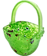 Murano Style Millefiori Art Glass Handblown Green Basket w/handle - 9x4x... - $27.00
