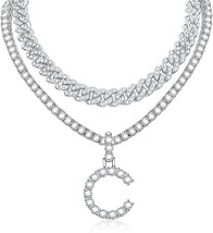 2PCS Silver Initial Cuban Link Chain for Women Layered Diamond Tennis Necklace I - £39.55 GBP