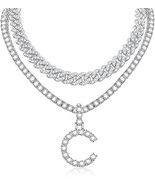2PCS Silver Initial Cuban Link Chain for Women Layered Diamond Tennis Ne... - £39.56 GBP