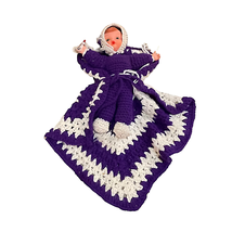 Vintage Crochet Baby Doll Sucking Bottle With Cap Purple White Knit 12.5&quot; - £23.73 GBP