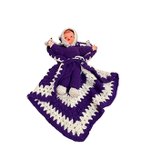 Vintage Crochet Baby Doll Sucking Bottle With Cap Purple White Knit 12.5&quot; - £23.21 GBP