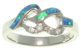Jewelry Trends Sterling Silver Created Blue Opal and Clear CZ Linked Hearts Ring - £31.96 GBP