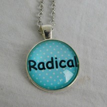 Radical Word Blue w/Dots Silver Tone Cabochon Glass Pendant Chain Necklace Round - £2.39 GBP