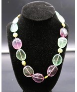 Vtg Large Fluorite Pink and Green Polished Beads Sterling Silver Clasp 20&quot; - $42.04 CAD