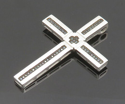 925 Sterling Silver - Vintage Shiny Hematite Religious Cross Pendant - PT15842 - £28.09 GBP