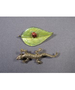 VINTAGE Pins-Brooches Green Enamel Leaf w/Lady Bug Gold Plated Lizard 1.5&quot;. - $15.77