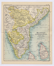1912 ANTIQUE MAP OF MADRAS HYDERABAD MYSORE BRITISH INDIA / VERSO MADRAS... - $27.75