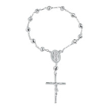 925 Sterling Silver Diamond V-Cut Beads 5mm Rosary Bracelet 7&quot; Cross - £20.21 GBP