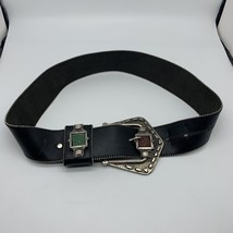 Vtg Black Leather Belt Silver Brualist Modernist Detail Sz S/M READ (ABC... - £54.50 GBP