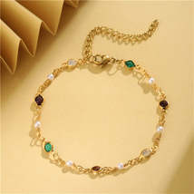 Green Crystal &amp; Pearl 18K Gold-Plated Adjustable Bracelet - £11.02 GBP