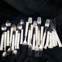24 Piece Flatware Set Stainless Made in China White Handles Knives Forks Spoons - £18.60 GBP