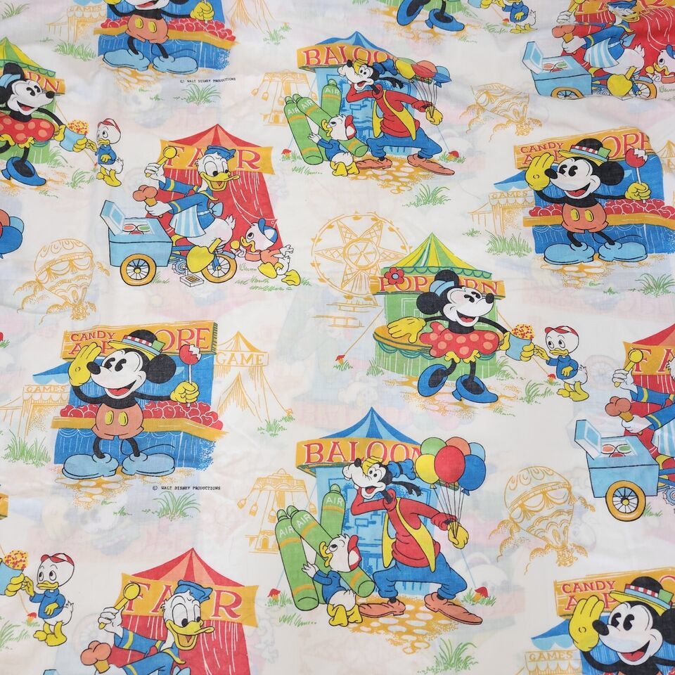 VINTAGE DISNEY 1970's TWIN SIZED FLAT SHEET MICKEY + MINNIE MOUSE GOOFY DONALD - £44.08 GBP