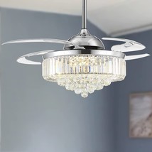 Moooni Modern Dimmable Crystal Fandelier, Retractable Blades Ceiling Fans With - £236.44 GBP