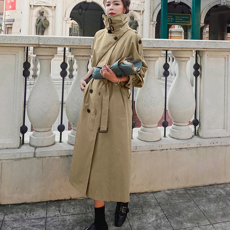 Korean Style Loose Oversized Long Trench Coat Women Double-Breasted Belted Windb - £297.67 GBP
