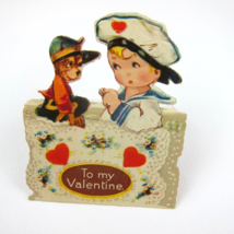 Vintage Valentine Card Cutout Stand Up Boy Sailor Cap &amp; Dog Bavaria UNSI... - £6.25 GBP