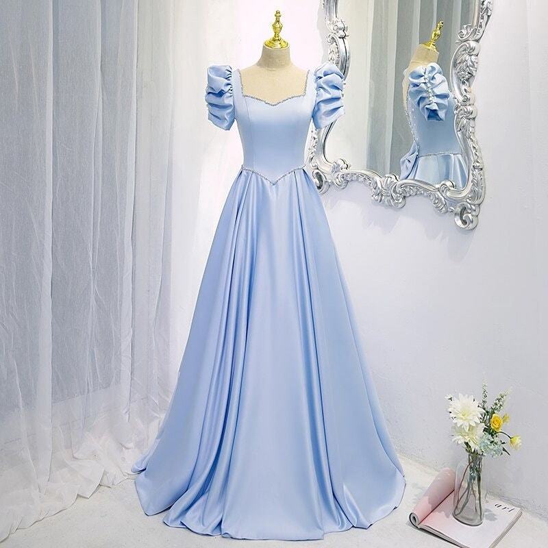 Primary image for Beautiful Dress Light Blue Satin Evening Dress for Women Princess Puff Sleeve A-
