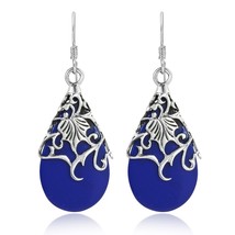 Floral Vine Ornate Teardrop Blue Lapis .925 Silver Earrings - $27.99