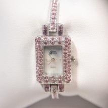 Vintage Suzanne Somers Watch Pink CZ Silver Tone Band Bracelet Rectangle 5 -1/2&quot; - £25.08 GBP