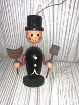 VTG RUSS Wood Ornament Chimney Sweep w Broom &amp; Shovel - £7.01 GBP