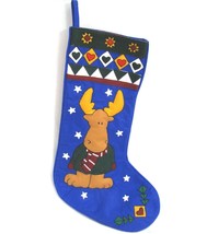 Vintage Blue Moose Christmas Stocking  L&#39;Art de Chine  Embroidered  21&quot; ... - $19.75