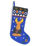 Vintage Blue Moose Christmas Stocking  L&#39;Art de Chine  Embroidered  21&quot; ... - £15.44 GBP