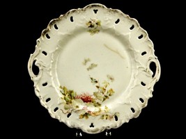 Antique Cake Plate w/Handles, Glazed Stoneware, Reticulated Lip, Floral Art - $24.45