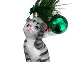 Noble Gems Gray Tabby Cat in Santa Hat Hand blown Glass Ornament 5 in - £15.76 GBP