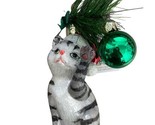 Noble Gems Gray Tabby Cat in Santa Hat Hand blown Glass Ornament 5 in - £15.85 GBP