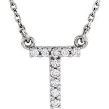 Genuine 14k White Gold .08ct Diamond 0.41&quot; Letter T Pendant 16&quot; Initial Necklace - £330.11 GBP