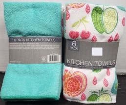 6 Pc Set Microfiber Kitchen Towels (15&quot; X 18&quot;) Fruits, Berries &amp; Aqua Blue, Sl - $17.81