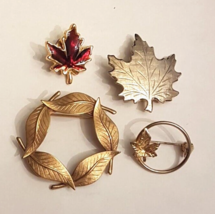Scatter Pin LOT of 4 Gold Plated Leaf Theme VTG Fall Autumn Nature Jewelry - $19.74