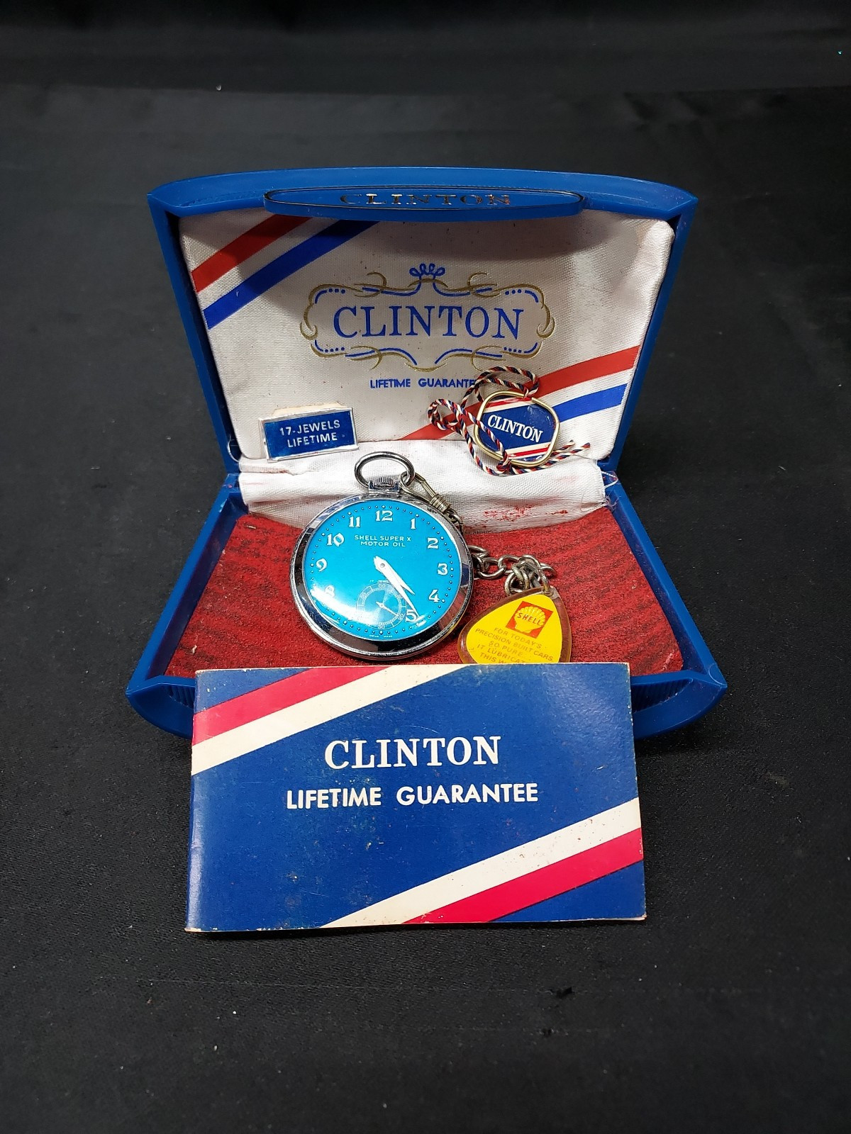Old 1960s Clinton Shell Super X Motor Oil Dealer Pocket Watch Running Co... - $280.21