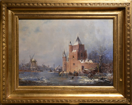 Castle and Windmills at Frozen Pond Dutch Winter Landscape 19th century Oil - £1,955.66 GBP