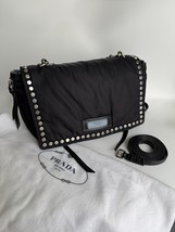Prada Tessuto Etiquette Bag Nylon Leather Studded Crossbody Shoulder Flap - $552.42
