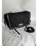 Prada Tessuto Etiquette Bag Nylon Leather Studded Crossbody Shoulder Flap - $10,130.40 MXN